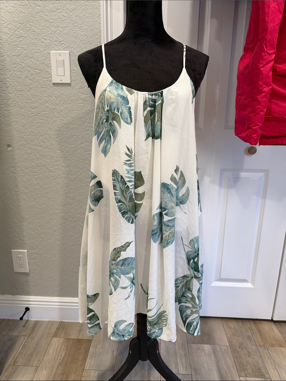 Adrienne White Midi Dress with Green Tropical Leaf Print